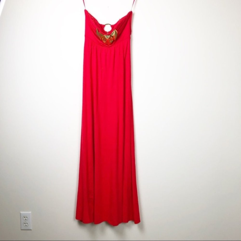 BEBE Bright Red Gold Detail Maxi Strapless Dress